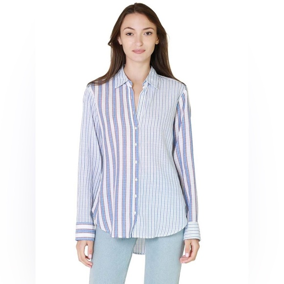 Xirena Beau Boyfriend Button Down Shirt in Tide Blue Stripes Pattern Mixing - Picture 1 of 13